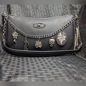 Black Ed Hardy Leather Baguette Shoulder Bag with Charm Chain and Skull Accents.